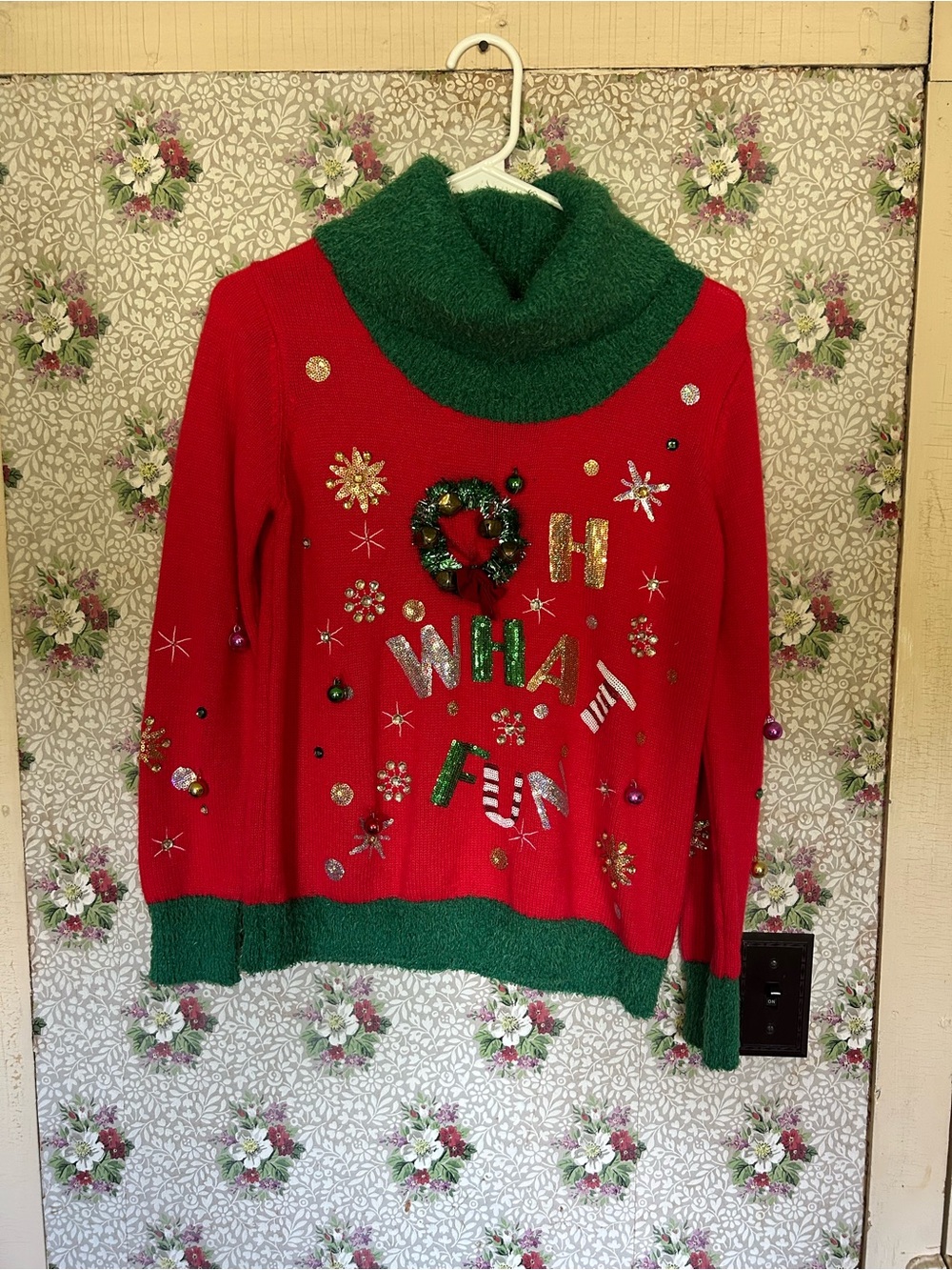 Holiday Time Red Sweater with Green Cowl Neck and Trim - Festive Embellished